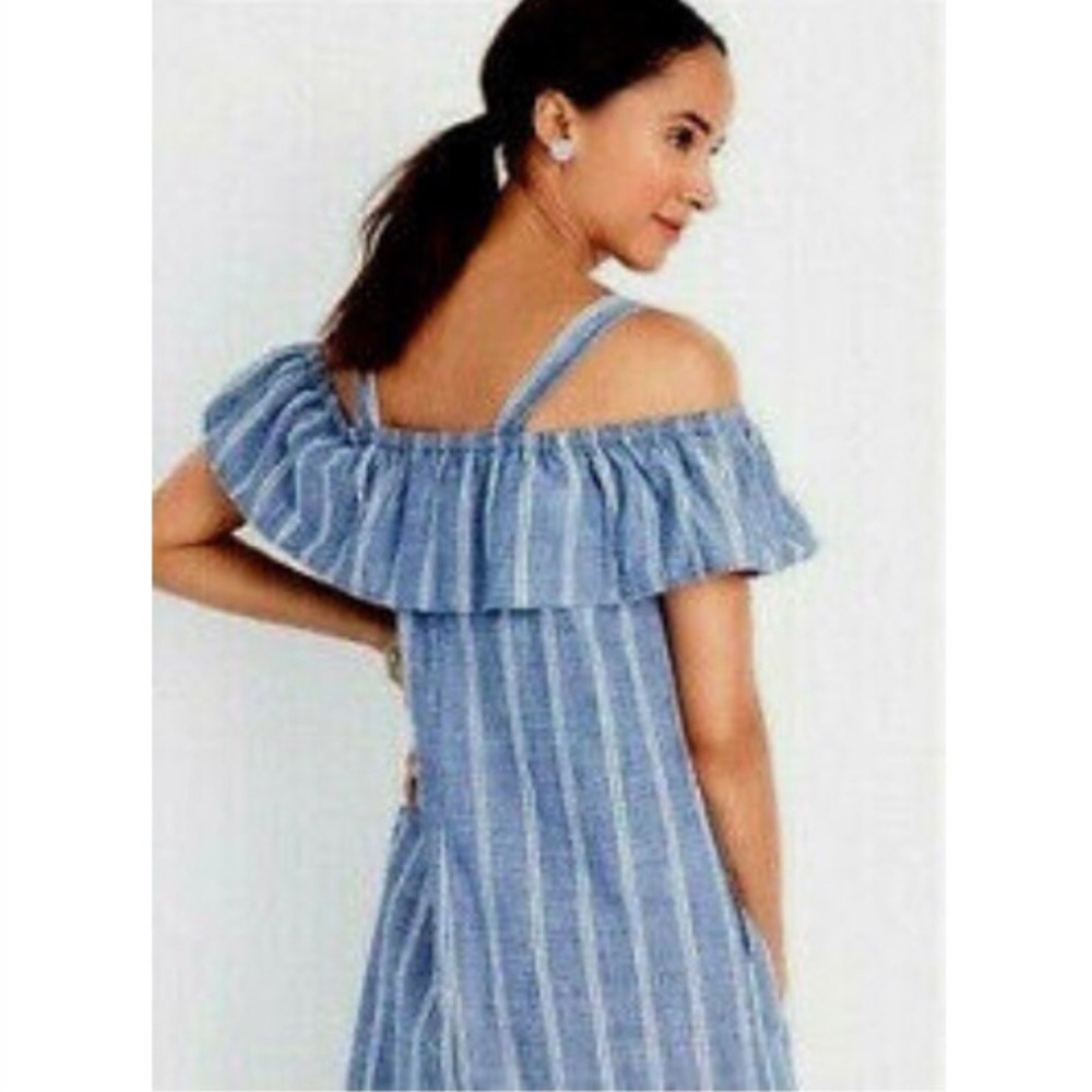 J Crew Striped Chambray Ruffle Neck Dress
